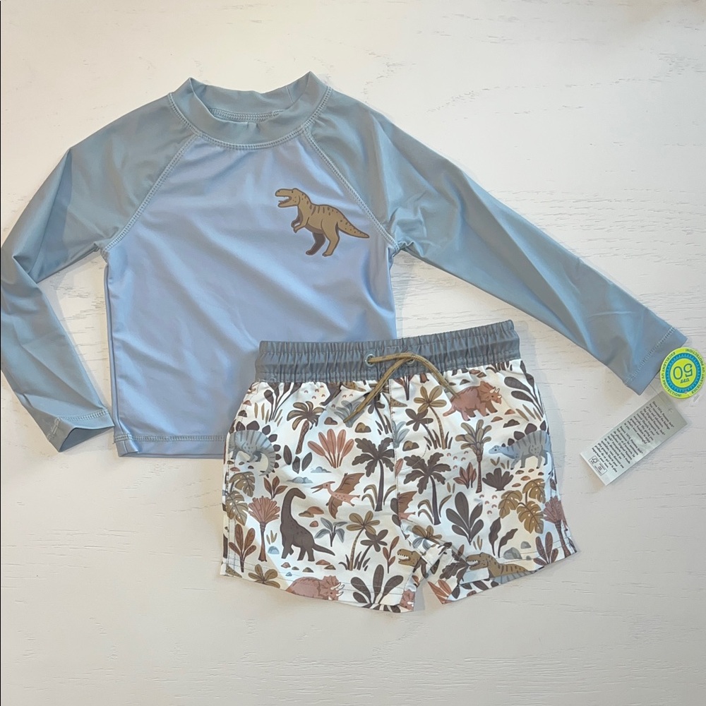 Panama Jack Toddler Boy Swim Neutral Brown Dinosaur Rashguard Set 4T